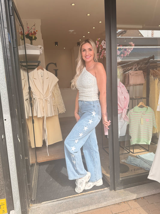 One shoulder glitter top