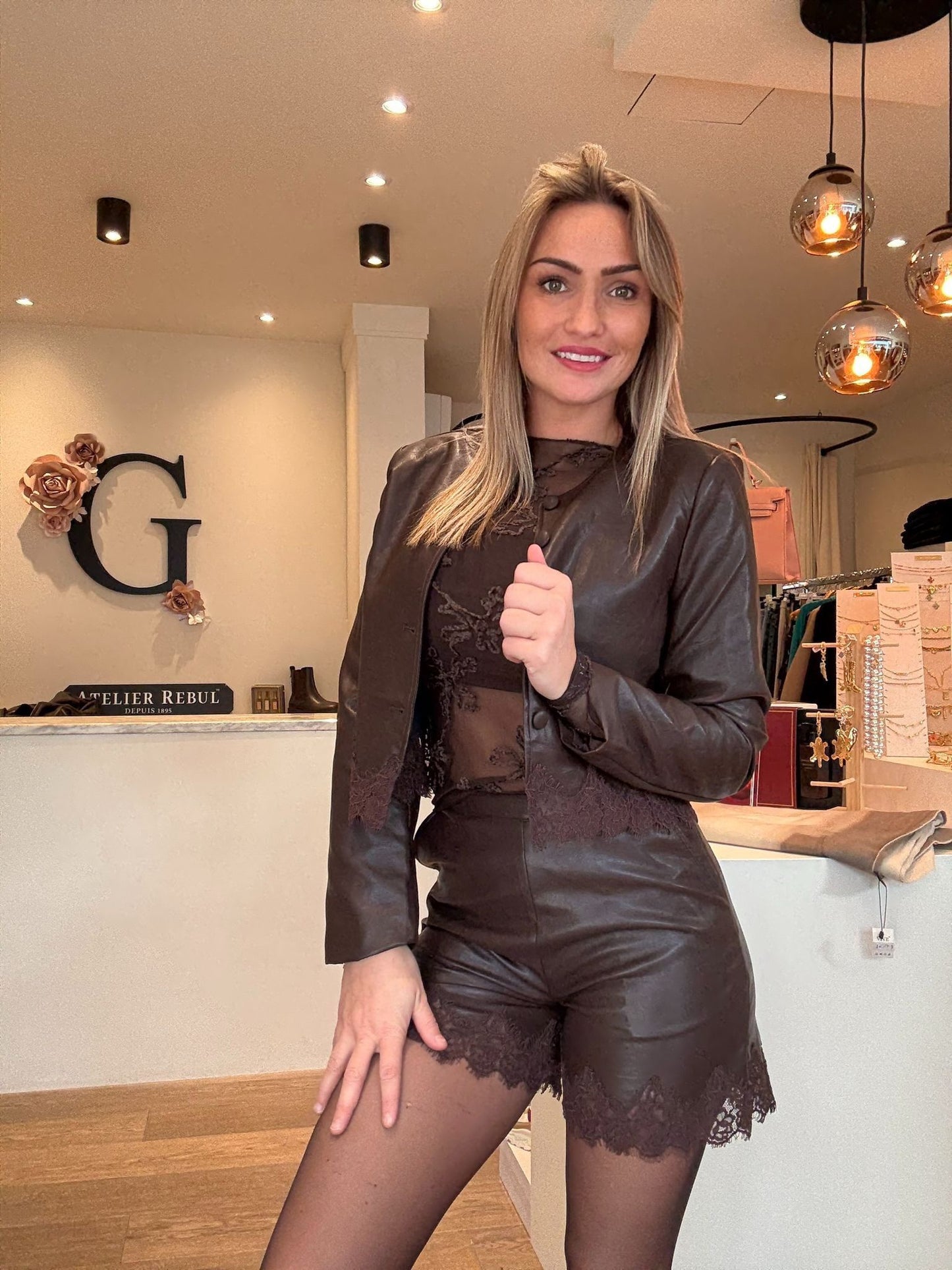 Leather short with lace detail